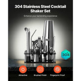 Cocktail Shaker Set, 14-Piece Stainless Steel Bar Tools with Acrylic Stand, Boston Bartender Kit Accessories | Mixer Spoon, Muddler, Jiggers, Strainer, Liquor Pourer, Ice Tong, Corkscrew, Silver
